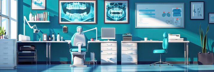 Dentist's Office Wall: Displaying dental education posters, X-ray images, and a whiteboard with oral hygiene tips