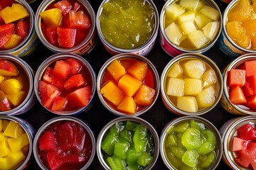 Sticker - Closeup view of a variety of preserved fruits stored in glass jars, A close-up of a colorful array of canned fruit