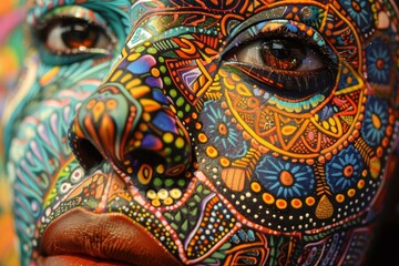 Poster - Closeup of a womans face with vibrant and detailed multi-colored paint design, A close-up of a face with intricate and colorful patterns
