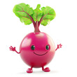 Happy beetroot character greeting with hands up on white background