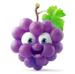 Excited grape character with water droplets and a green leaf on a white background
