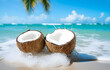 coconuts on white beach sand over blue transparent ocean wave ba