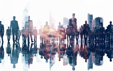 Double exposure of business people and cityscape, white background Group photo of many male employees standing side by side in an office environment Generative AI