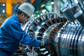 Poster - A man is working on a machine in a factory, inspecting it closely for quality control, A close-up of an engineer inspecting machinery for potential malfunctions in a factory