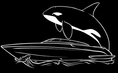 Wall Mural - white silhouette of boat with killer whale swims towards it on black background