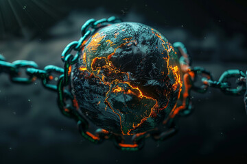 Poster - A globe is chained to a chain with a dark background