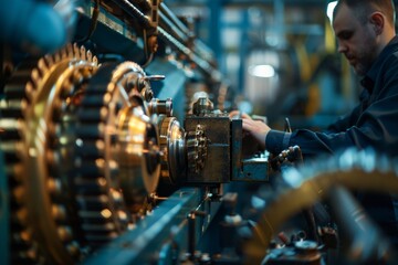 Poster - A man, an engineer, inspecting and working on machinery in a factory setting, A close-up of an engineer inspecting machinery for potential malfunctions in a factory