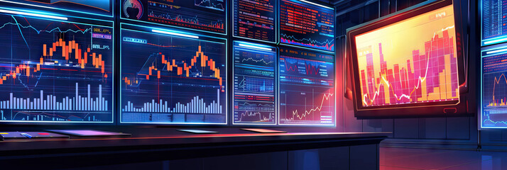 Financial Analyst's Wall: Adorned with stock market charts, financial reports, and a whiteboard with investment strategies