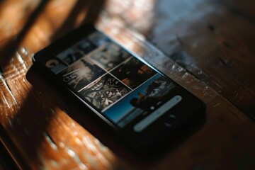 Sticker - A cell phone rests on a wooden table, displaying a digital screen, A close-up of a smartphone screen displaying a digital art gallery