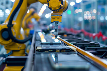Poster - A robotic arm is working on a cell phone on a conveyor belt