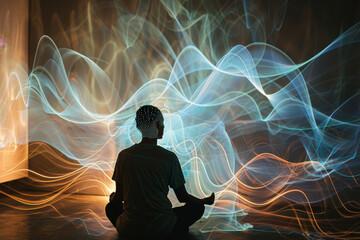 Poster - A person sitting in a lotus position in front of a wall of light