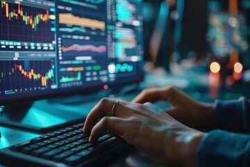 Poster - Close-up of a persons hands typing on a keyboard in front of a computer monitor, A close-up of hands typing on a keyboard while studying data on a computer screen