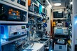 A room packed with a variety of electronic devices and machinery, showcasing advanced technology and functionality, A close-up of the medical equipment inside an ambulance