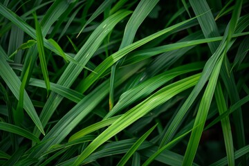 Sticker - Detailed view of lush green grass with a blurred background, A close-up perspective of the texture and lines of individual grass blades