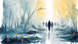 A watercolor painting of a somber group of people departing into an empty, war-torn landscape, their figures fading into a distant, misty horizon under a gloomy sky.
