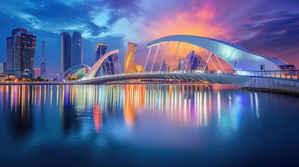 Wall Mural - Panoramic twilight view over a sleek modern bridge with city architecture reflections. Resplendent.