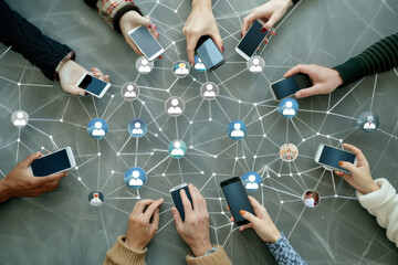 Poster - A group of people are using their cell phones to connect to each other