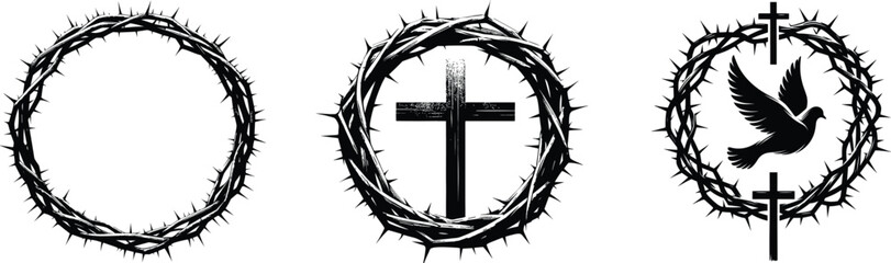 Jesus and crown of thorns with cross set, vector illustration.