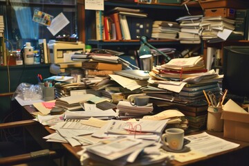 Poster - a cluttered desk with numerous papers strewn all over, creating a chaotic and disorganized workspace