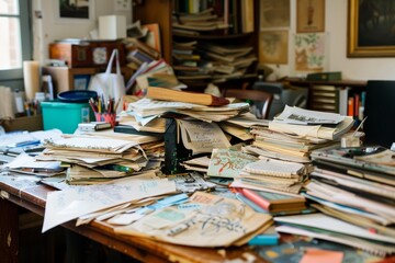 Poster - a cluttered desk with a disorganized pile of various papers on top of a wooden table, a cluttered de