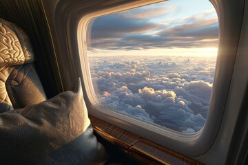 Wall Mural - A silver airplane seat with a white cushion and a window in front of it