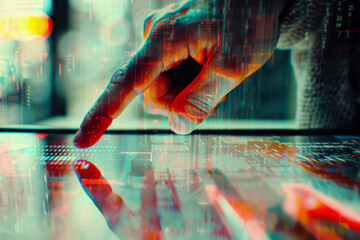 Poster - A person 's finger is pointing at a screen with a reflection of their finger