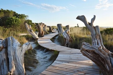 Sticker - A wooden walkway guiding through sandy dunes towards the beach, A coastal boardwalk with sandy dunes and sculptural driftwood installations