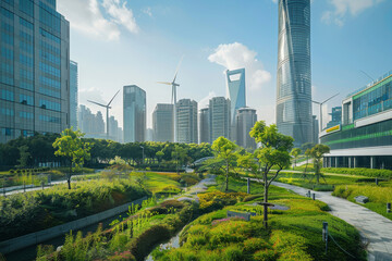 Poster - A city with a lot of tall buildings and trees