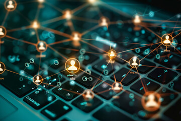 Poster - A close up of a computer keyboard with a network of people connected to each other
