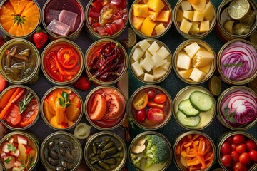 Wall Mural - A table showcasing an assortment of different types of food, including canned fruit and various other items, A collage featuring different types of canned fruits and vegetables