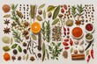 Various spices and herbs are arranged on a white surface, A collage of different herbs and spices arranged in a visually appealing way