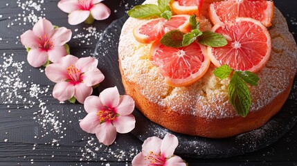 Canvas Print -   A black plate holds a cake topped with sliced grapefruit Pink flowers adorn the scene nearby, and a light dusting of powdered sugar enhances the presentation