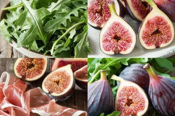 Poster - Various fruits and vegetables arranged in a colorful collage, A collage of ingredients that pair well with prosciutto, like figs and arugula