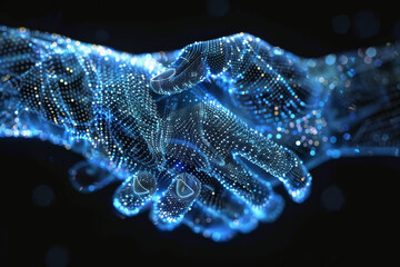 Poster - A handshake between two glowing hands made of dots