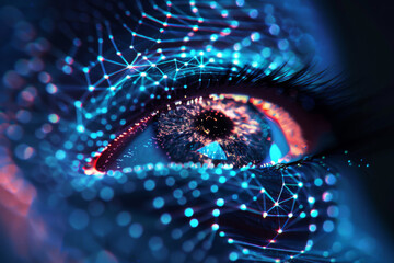Poster - A close up of a woman 's eye with glowing dots and lines around it