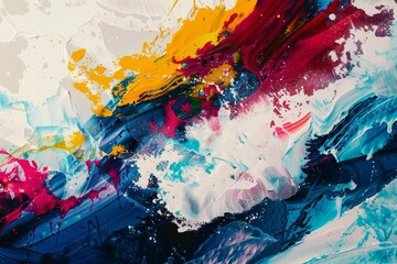 Poster - colorful abstract painting featuring dynamic brushstrokes of blue, red, yellow, and white, a colorfu