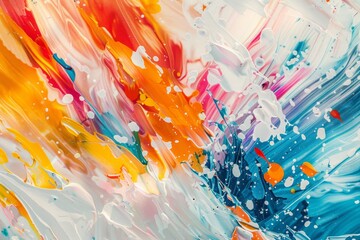 Poster - a dynamic abstract painting featuring a variety of colors and shapes overlapping and intertwining, a