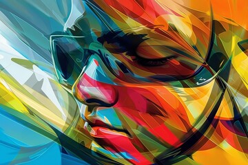 Poster - A painting showcasing a person wearing glasses in a colorful abstract style, A colorful abstract representation of the exhilarating feeling of snowboarding