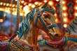 Detailed view of a vibrant merry-go-round horse on a colorful carousel, A colorful carousel with brightly painted horses and twinkling lights