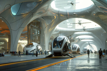 Poster - a futuristic train station with a few planes flying overhead