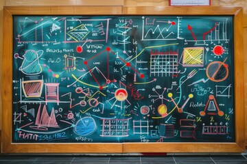 Poster - A blackboard filled with intricate mathematical equations and formulas written in colorful chalk, A colorful chalkboard with various mathematical equations and drawings on it