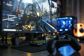 Poster - A video game controller sits on a desk in front of a computer monitor