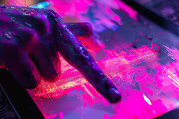 Poster - A person 's finger is pointing at a pink screen