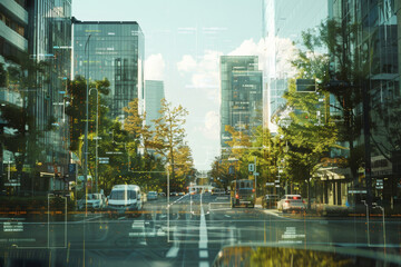 Poster - a city street with a lot of buildings and trees