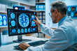 Neurologist Analyzing Brain Damage with MRI Software at Modern Medical Research Center