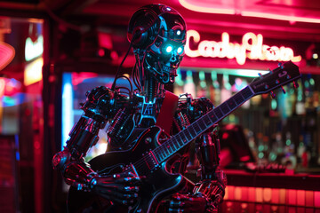 Poster - A robot playing a guitar in front of a candy store
