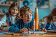 Smart Kids Building a Futuristic Space Rocket: Young Engineers Exploring STEM Education in Primary School