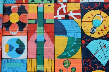Poster - Colorful paintings covering a wall in a variety of styles and hues, A colorful mural painted on the wall, showcasing various academic subjects