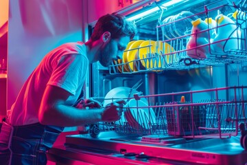 Poster - A man is repairing a dishwasher in a kitchen setting, A colorful visual representation of a handyman adjusting the settings on a dishwasher