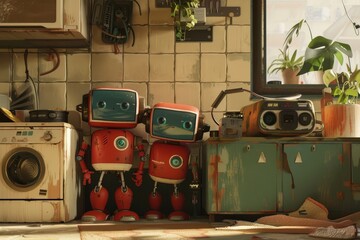 Poster - A group of small robots gathered around a washing machine, appearing to be examining or fixing it, A comedic scene showcasing a family of robots trying to navigate everyday household tasks